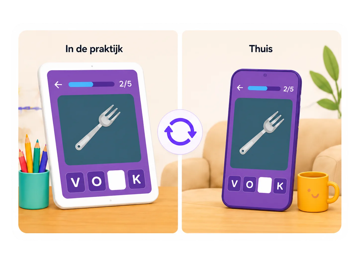 iPad in de praktijk en telefoon thuis met dezelfde oefening