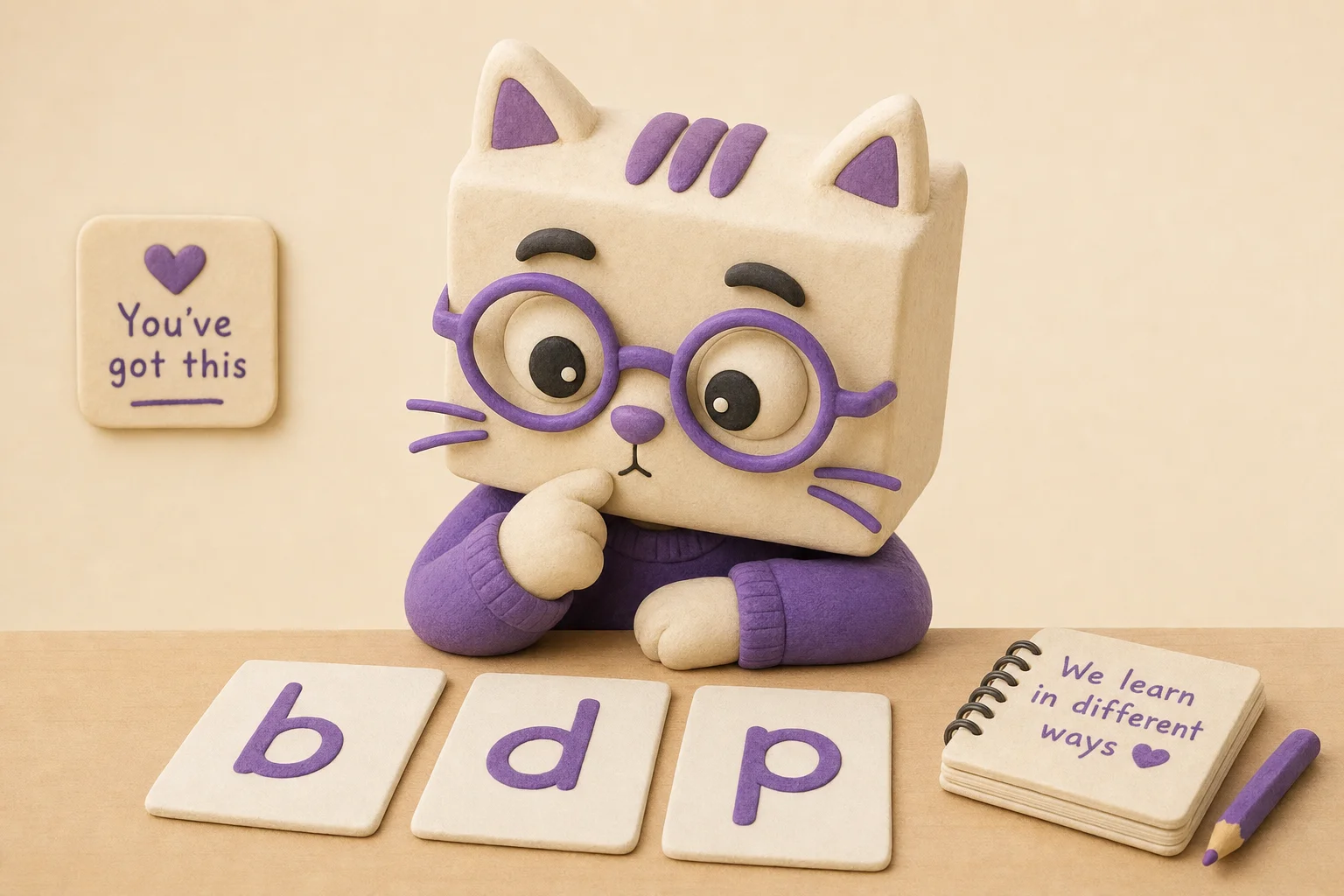 Kat met een vierkante kop en een bril bekijkt letterkaarten
