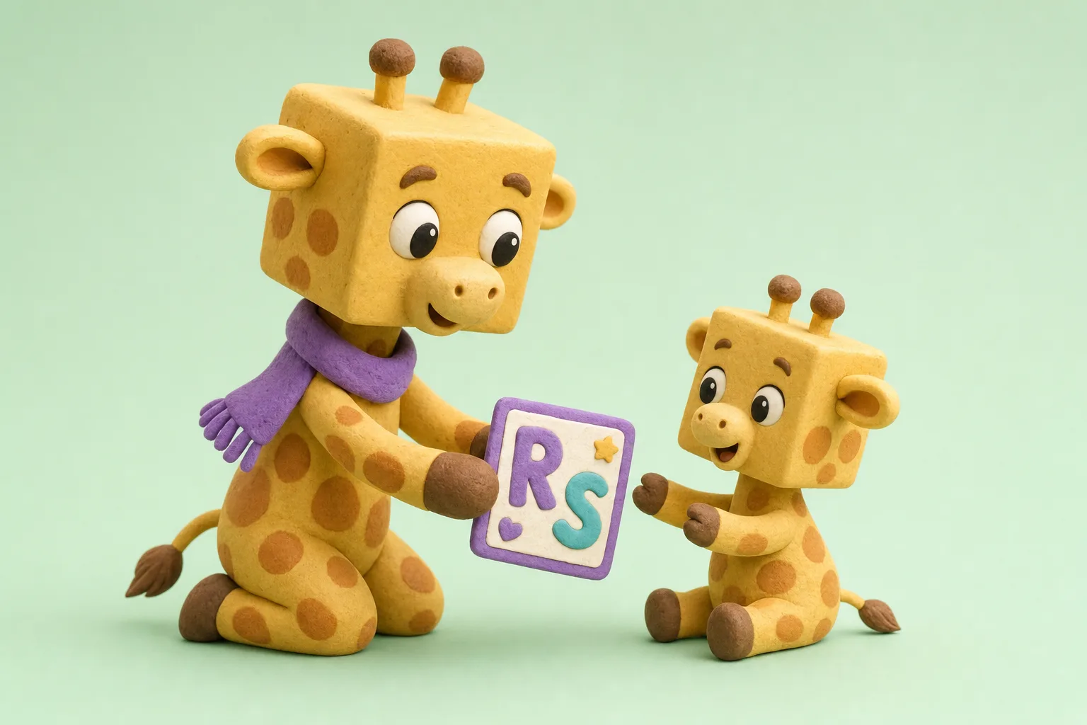 Giraf als logopedist die een oefenkaart overhandigt