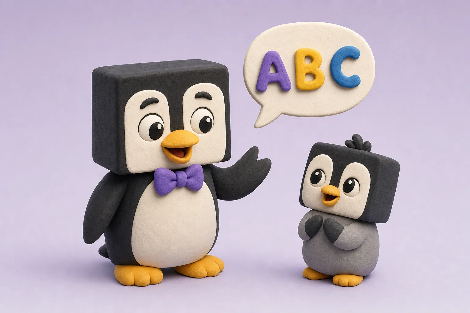 Penguin with a square head practises speech with a child