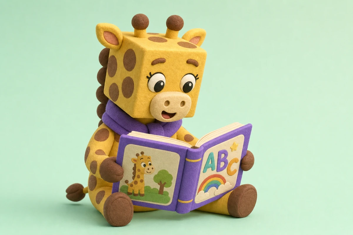Vrolijke giraffe die hardop voorleest uit een prentenboek
