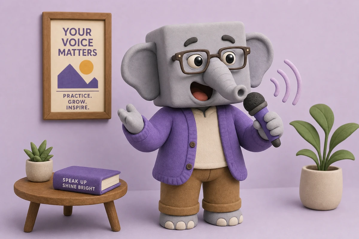 Vriendelijke olifant die in een microfoon spreekt