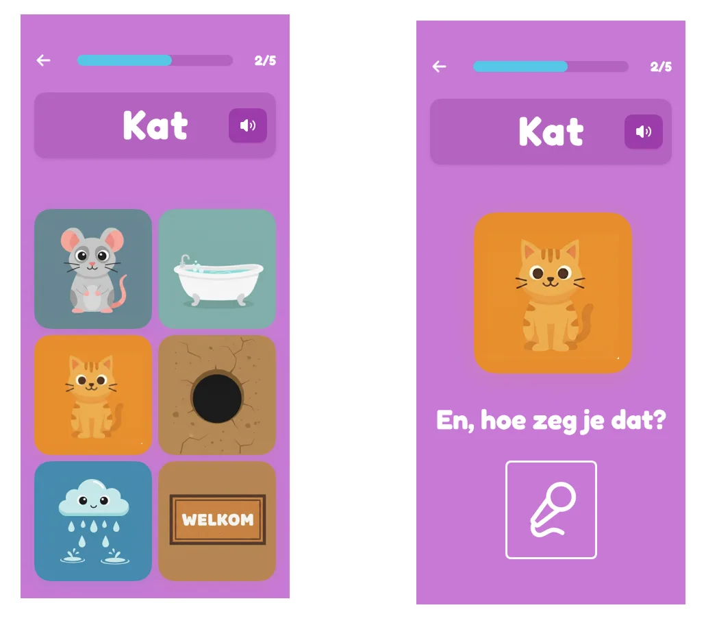 Twee schermen van het Select & Say-spel: eerst een woord kiezen, daarna hardop zeggen